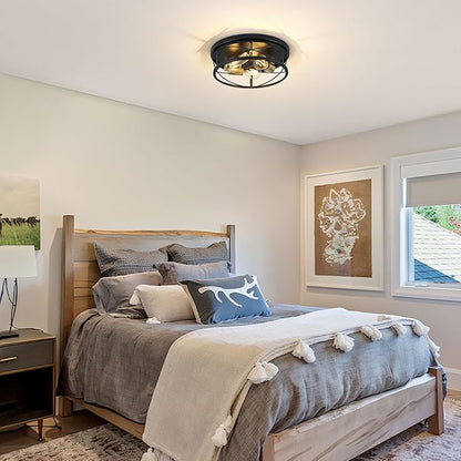 Farmhouse Light Fixtures, Black and Gold Round Metal Flush Mount Ceiling Light, 3-Light Cage Ceiling Lamp for Kitchen, Foyer, Bedroom, Hallway（Bulbs Not Included）