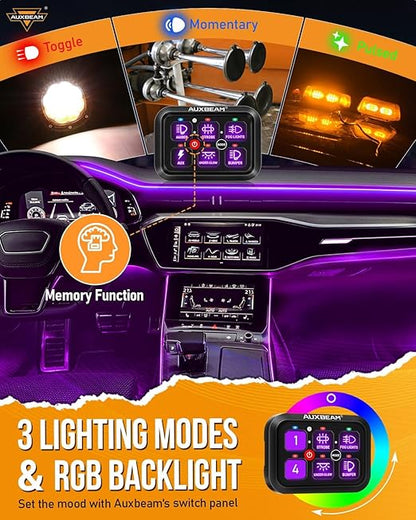 Auxbeam RGB 6 Gang Switch Panel RA60 Auto-Dimmable Switch Panel w/Momentary Toggle Pulsed Memory Function, 12-24V Switch Panel for Truck UTV Car Boat Waterproof, 3-Year Warranty