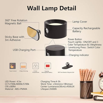Deyagoo LED Wall Sconce, Wall Mounted Lamp with Rechargeable Battery Operated USB Port 3 Color Temperature & 3 Brightness Level 360°Rotate Magnetic Ball, Cordless Light for Reading Study Bedside