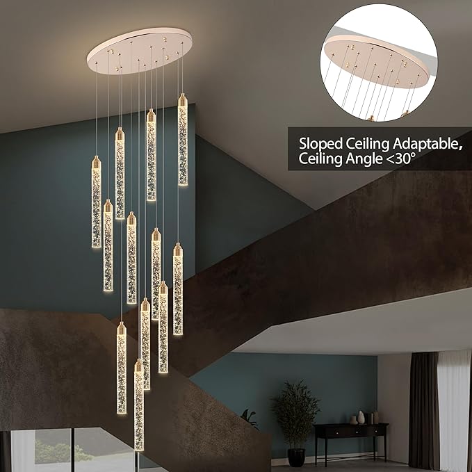 Crystal Staircase Chandelier, Modern Gold Large Spiral Dimmable LED Cluster Raindrop Foyer Chandelier Lighting, Bubble Living Room Hanging Light Fixture 12 Light Remote Control
