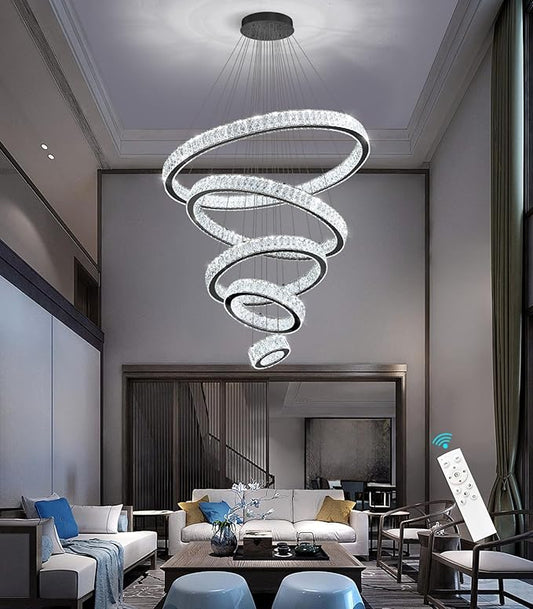 Modern High Ceiling Crystal Chandelier 90W Dimmable LED Chandeliers with Remote Luxury Height Adjustable Large Lighting Fixtures for Living Room Staircase Foyer Black