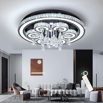 HAIXIANG 32 Inch Glam Chandelier Modern Crystal Luxury Interior Ceiling Light Fixture Remote Dimmable LED Lighting Fixtures for Dining Room Bedroom Living Room Black Light