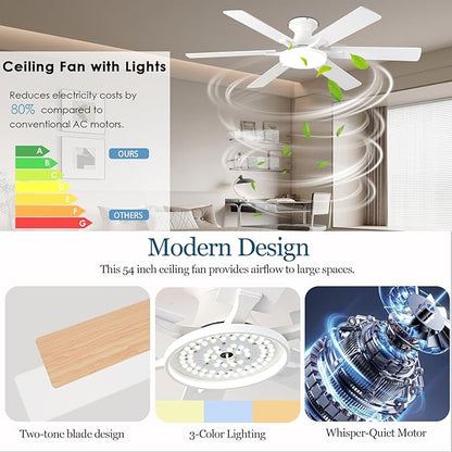 Ceiling Fans with Lights,54 Inch Low Profile Ceiling Fan with Light and Remote Control,6 Speeds/6 Blade,Flush Mount,LED Dimmable DC Reversible Modern, White Ceiling Fan for Bedroom/Living Room
