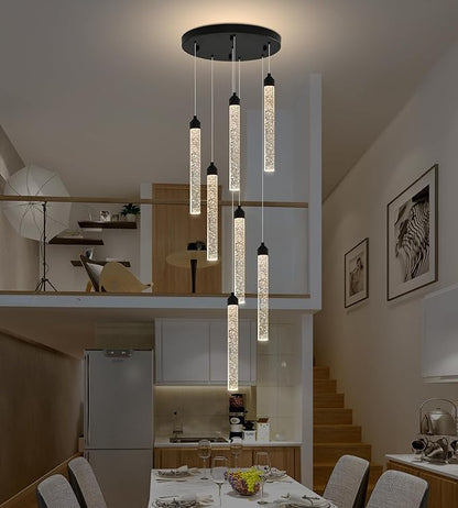 Crystal Staircase Chandelier, Modern Black Spiral Dimmable LED Cluster Raindrop Foyer Chandelier Lighting, Bubble Living Room Hanging Light Fixture 7 Light Remote Control