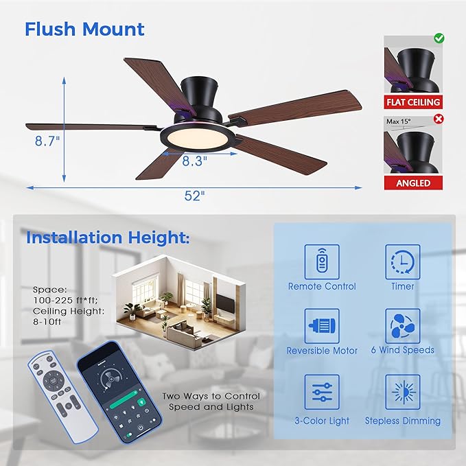 Ayaoty 52in Flush Mount Ceiling Fan with RGB Lights and Remote/APP, Low Profile RGB Ceiling Fan with 5 Reversible Blades, Dimming, Indoor Modern Fan Light Fixutre for Kid's Room, Bedroom, Brown