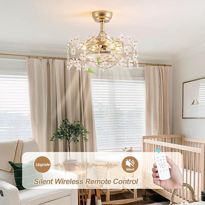 20" Gold Fandelier Ceiling Fan with Light, Flower Crystal Chandelier Ceiling Fan with Light and Remote Control, Modern Caged Enclosed 6 Speeds for Girl's Bedroom, Nursery, Living Room