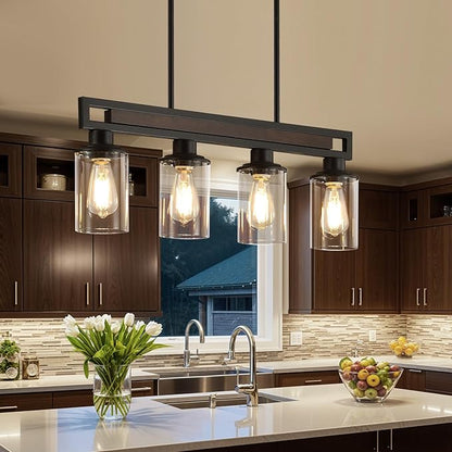 Farmhouse Dining Room Light Fixture, 4-Light Wood Kitchen Island Lighting for Dining Room Over Table, Black Adjustable Pendant Light with Clear Glass Shades, Linear Chandeliers Lighting for Kitchen