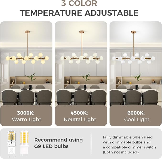 Grey Linear Chandelier, Modern Sputnik Ceiling Fixture with Adjustable Height & Dimmable Glass Shades for Dining Room, Office, Mid-Century Design