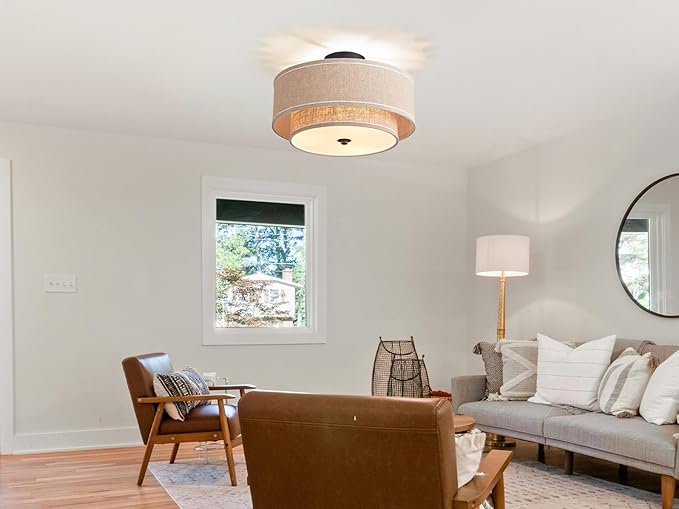 Shrine Lighting Double Drum Ceiling Light, Perfect Drum Light Fixture for Dining Room, D16'' x H7'', E12*3 Sockets, Beige Linen Fabric Lampshade & Black Rod