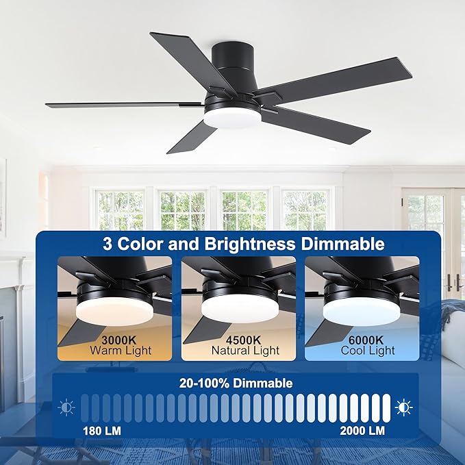 52 Inch Ceiling Fans with Lights and Remote,Flush Mount Black Ceiling Fan with 5 Blades,6 Speed Reversible DC Motor,3CCT Dimmable LED-Low Profile Design for Bedroom, Living room & Covered Outdoor