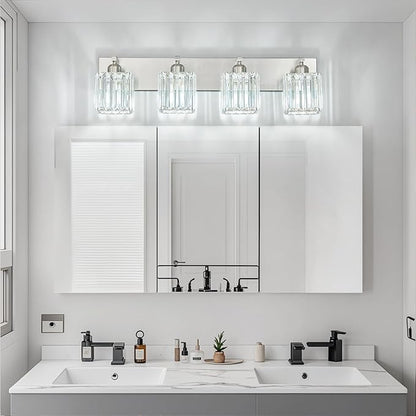 Modern Vanity Light 4-Lights Brushed Nickel Vanity Light Crystal Bathroom Wall Light Bathroom Light Fixtures
