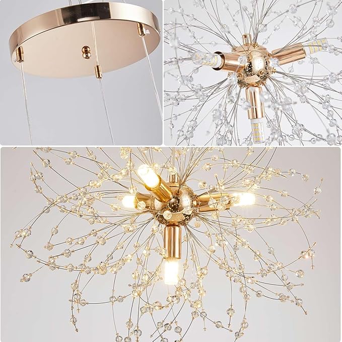 Crystal Firework Chandeliers,Modern Dandelion Starburst Ceiling Hanging Pendant Lighting Fixtures for Dining Room Bedroom Kitchen Living Room (8-Light)