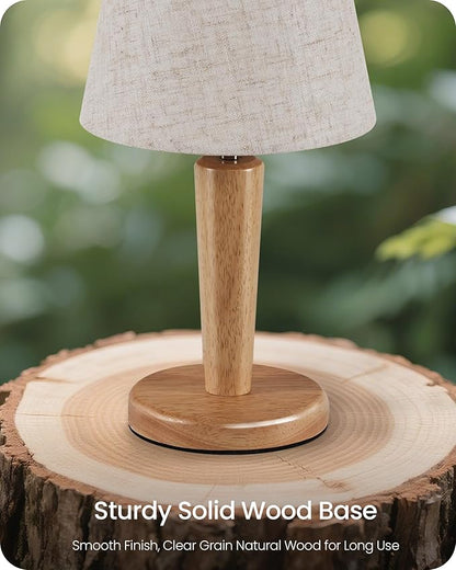 12" Wood Bedside Table Lamps Set of 2, Small Desk Lamps for Small Places, 3 Color Temperatures with Memory, Beige Linen Shade & E26 Bulbs, for Bedroom Living Room Office ME13TLP205