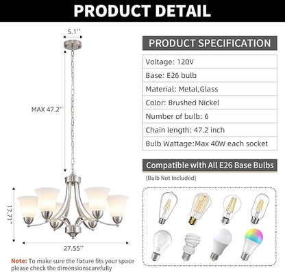 6 Lights Brushed Nickel Dining Room Light Fixture Farmhouse Modern Chandelier Pendant Light Silver Adjustable Ceiling Hanging Lighting with Frosted Glass for Kitchen Island Living Room Foyer