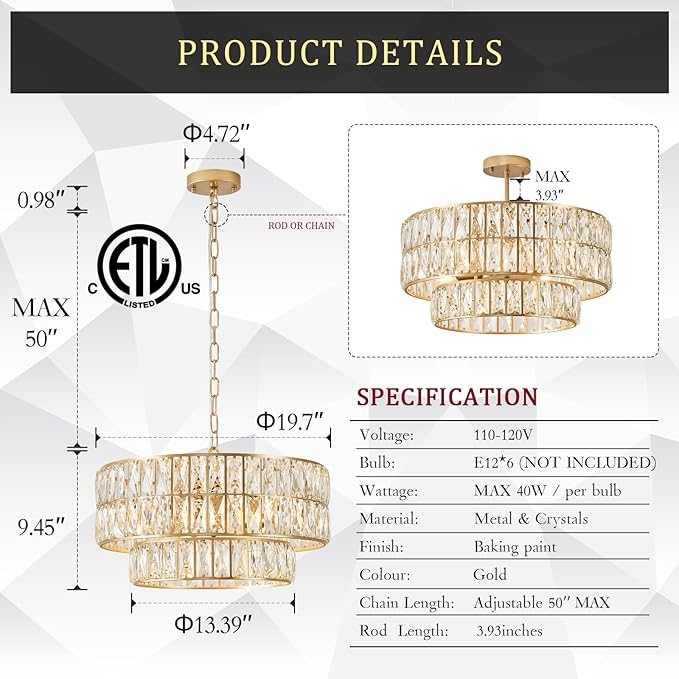 CATINER 20'' Modern Gold Crystal Chandelier Luxury Semi Flush Mount Ceiling Light Fixtures 6-Lights Round Crystal Pendant Chandelier for Dining Room Foyer Living Room Bedroom