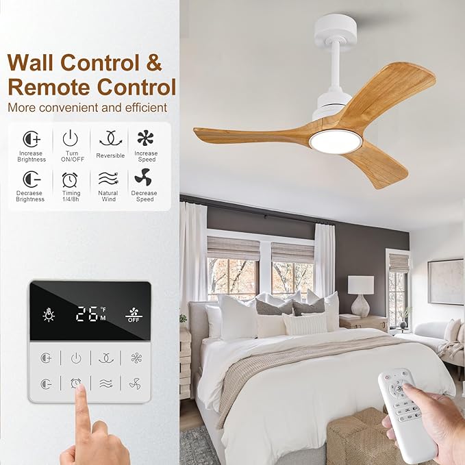 36 inch Ceiling Fan with Light and Remote Control,Wall Switch,Solid Wood Blades,Dimmable,Reversible Quiet DC Motor,Power Off Memory Modern White Ceiling Fan for Bedroom Patio Indoor/Outdoor