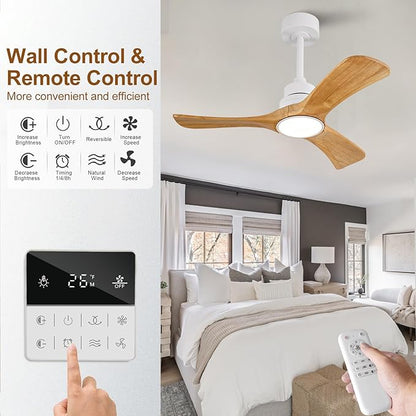 36 inch Ceiling Fan with Light and Remote Control,Wall Switch,Solid Wood Blades,Dimmable,Reversible Quiet DC Motor,Power Off Memory Modern White Ceiling Fan for Bedroom Patio Indoor/Outdoor