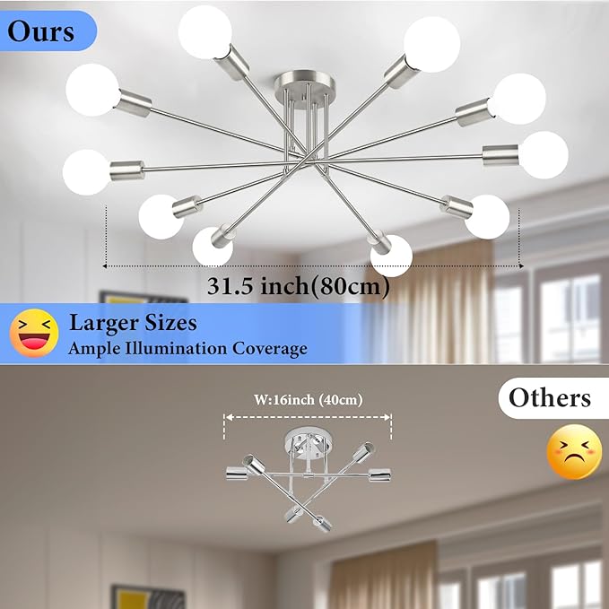 Semi Flush Mount Ceiling Light Fixture, 10-Light Modern Brushed Nickel Sputnik Chandelier Industrial Ceiling Lamp for Kitchen Dining Room Living Room Bedroom Foyer
