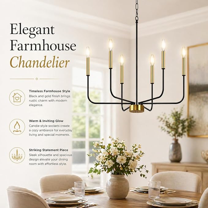 DORESshop 6-Light Black and Gold Farmhouse Chandeliers for Dining Room, Light Fixture Adjustable Height, Industrial Modern Chandeliers for Living Room, Bedroom and Foyer