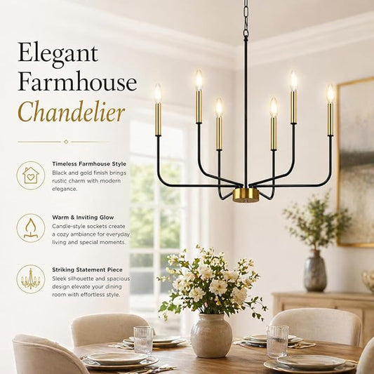 DORESshop 6-Light Black and Gold Farmhouse Chandeliers for Dining Room, Light Fixture Adjustable Height, Industrial Modern Chandeliers for Living Room, Bedroom and Foyer