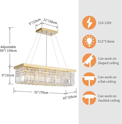 Saint Mossi 5-Lights K9 Crystal Chandelier for Dining Room, Rectangular Pendant Light Fixture for Kitchen Island, Raindrop Chandelier, H9 x W10 x L31, Chain Adjustable