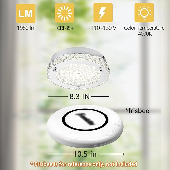 Flush Mount Ceiling Light Fixture Crystal Chrome Ceiling Lights for Kitchen, 8.3" Bedroom LED Light Fixture for Bathroom, Hallway, Closet, Foyer