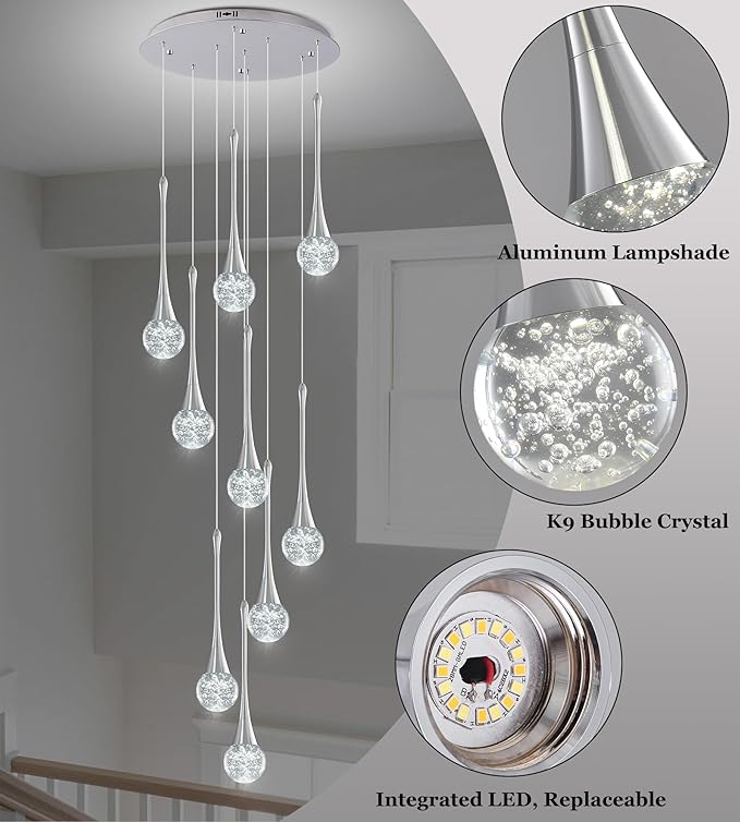Modern Chrome Crystal Chandelier for High Ceiling 9-Lights, 99 Inches Luxury Spiral Dimmable LED Bubble Raindrop Pendant Lighting Fixture for Staircase Foyer Entryway Living Room