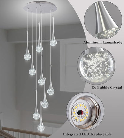 Modern Chrome Crystal Chandelier for High Ceiling 9-Lights, 99 Inches Luxury Spiral Dimmable LED Bubble Raindrop Pendant Lighting Fixture for Staircase Foyer Entryway Living Room