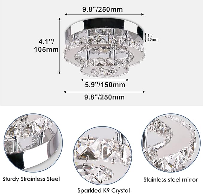 Modern Crystal Flush Mount Chandelier Two Layers Crystal Chandeliers LED Ceiling Light Fixture Mini Chandeliers with Crystals Hallway Light Bedroom Chandelier for Bathroom Kitchen Office