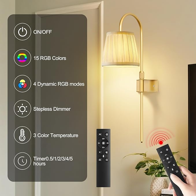 ZECOXOL Vintage Battery Operated Wall Sconces Set of 2, Gold Rechargeable Wireless Wall Lamp Lights with Fabric Lampshade & LED Remote Bulb,Dimmable Flower Wall Sconce for Bedroom Living Room Hallway