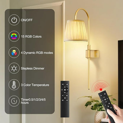 ZECOXOL Vintage Battery Operated Wall Sconces Set of 2, Gold Rechargeable Wireless Wall Lamp Lights with Fabric Lampshade & LED Remote Bulb,Dimmable Flower Wall Sconce for Bedroom Living Room Hallway