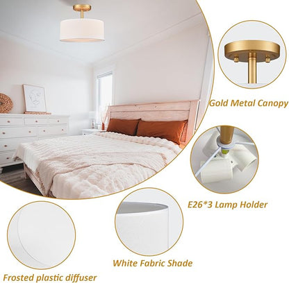 Modern Light Fixture Ceiling Mount Flush Mount Drum Ceiling Light Fixture 3 Light Gold Semi Flush Mount Ceiling Light for Hallway Bedroom Entryway Foyer Office