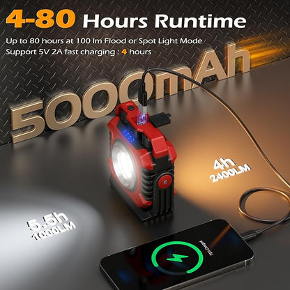Samyoung 2-Pack 2400LM Magnetic Rechargeable Work Light, Dual-Sided LED Work Light, Up to 80 Hours Runtime, Stepless Dimming 2700K-8000K, Magnetic Flashlight with 360° Rotating Stand, Hook, Red