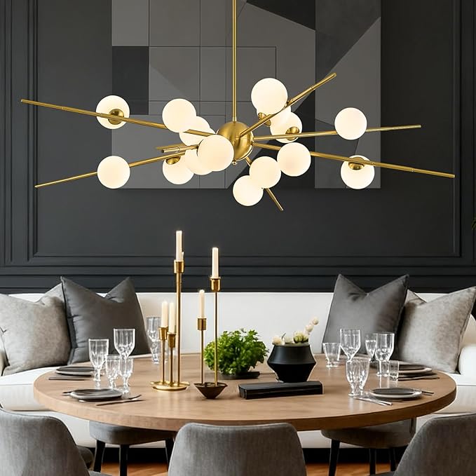 Large Gold Sputnik Chandelier 51in 16-Light Frosted Glass Chandelier Light Fixture Mid-Century Modern Molecular Chandeliers for Large Living Room Dining Room Foyer Kitchen Bedroom