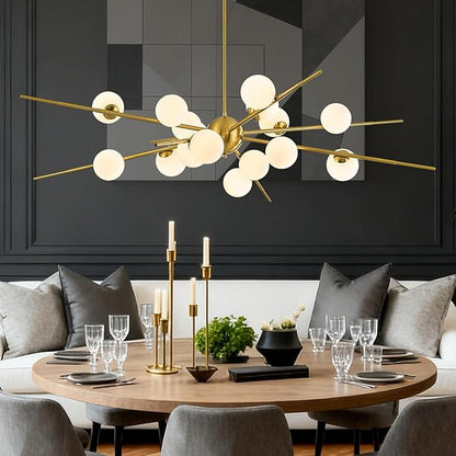 Large Gold Sputnik Chandelier 51in 16-Light Frosted Glass Chandelier Light Fixture Mid-Century Modern Molecular Chandeliers for Large Living Room Dining Room Foyer Kitchen Bedroom