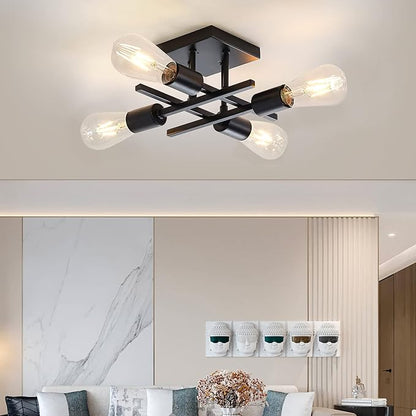 Industrial 4-Light Semi Flush Mount Ceiling Light Fixture, Farmhouse Black Chandelier Lighting, Modern E26 Base Sputnik Ceiling Lamp for Kitchen Bedroom Living Room Hallway Entryway
