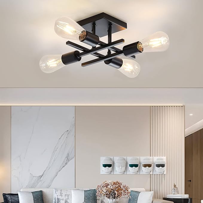 Industrial 4-Light Semi Flush Mount Ceiling Light Fixture, Modern Black Chandelier Lighting, Farmhouse E26 Base Sputnik Ceiling Lamp, 3 Pack