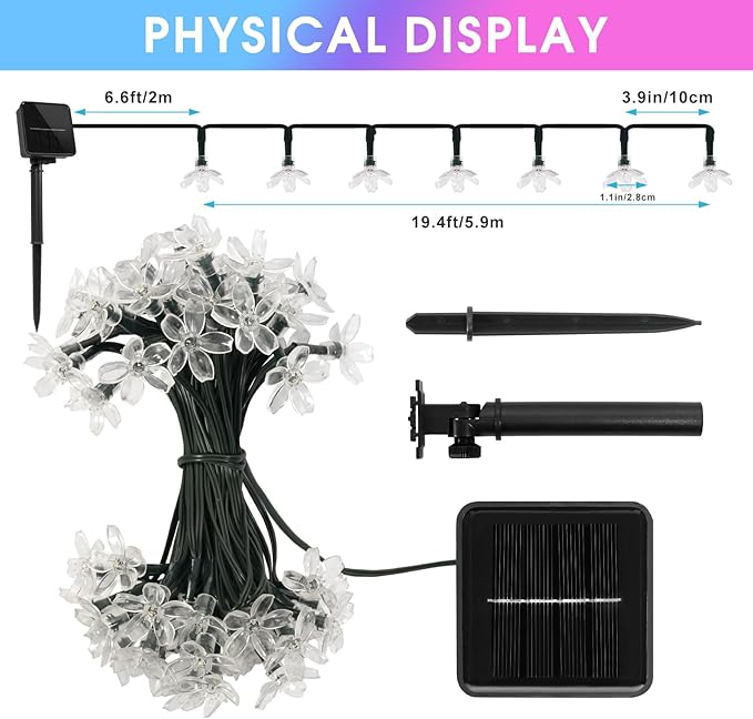 60 LED Solar String Lights Outdoor Waterproof Flower Fairy Lights for Garden Fence Patio Yard Christmas Tree Lawn Wedding Party Decor, Multicolor