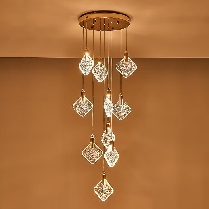 Staircase Crystal Chandelier 10-Light Pendant Light, Modern Square LED H118 High Hanging Ceiling Fixture with Gold Base for Living Room, Dining Room, Kitchen, and Hallway