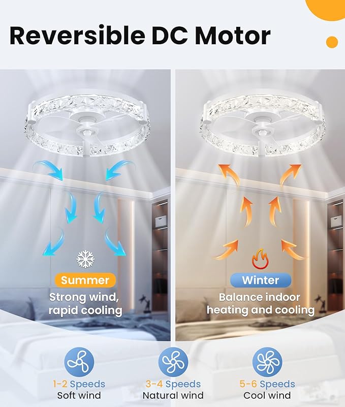 Ceiling Fans with Lights and Remote App 20'' Low Profile Ceiling Fan 3000-6500K Dimmable Modern Flush Mount Ceiling Fan Light LED 6 Speeds Fandelier Ceiling Fans for Bedroom Small Living Room