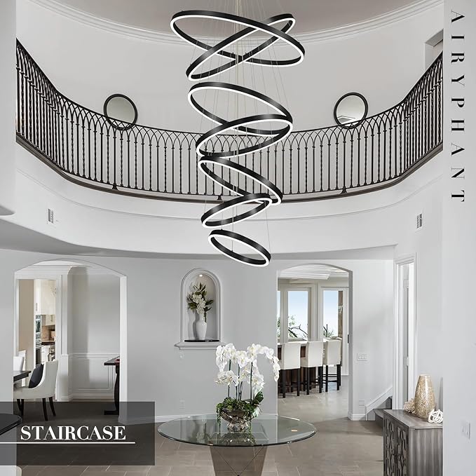 Modern LED Chandelier 7-Ring Chandeliers High Ceiling Black 31" Large Foyer Chandeliers Dimmable Luxury Contemporary Chandelier Light for Living Room Staircase Entryway, 3000K-6500K
