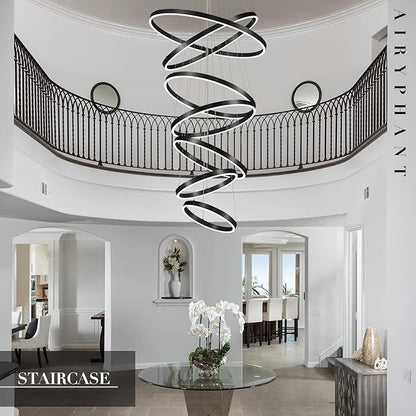 Modern LED Chandelier 7-Ring Chandeliers High Ceiling Black 31" Large Foyer Chandeliers Dimmable Luxury Contemporary Chandelier Light for Living Room Staircase Entryway, 3000K-6500K