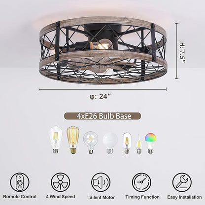 24" Farmhouse Caged Ceiling Fans with Lights Flush Mount, Rustic Low Profile Ceiling Fan with Light and Remote, Quiet Reversible DC Motor Bladeless Enclosed Ceiling Fan for Bedroom Kitchen Dining Room