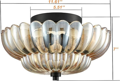 HYDELITE Modern Black Flush Mount Ceiling Light 3-Light Close to Ceiling Light Fixtures with Scalloped Amber Glass Shade for Living Room Entryway
