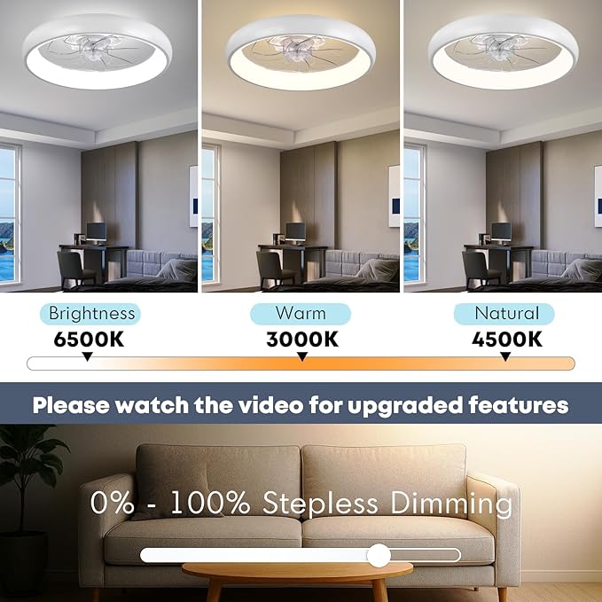 Fszdorj 20'' Ceiling Fan with Light, Upgraded Low Profile Fan, Flush Mount Ceiling Fan, 6 Speeds, Dimmable LED, App & Remote Control, Quiet DC Motor, for Bedroom, Living Room, F109 White