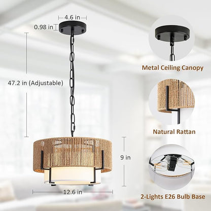 12.6" Rattan Pendant Light, Boho Chandelier Light Fixture with Fabric Shade, Farmhouse Rattan Hanging Ceiling Lighting Fixture for Dining Room, Living Room, Kitchen Island, Bedroom, Hallway, Foyer