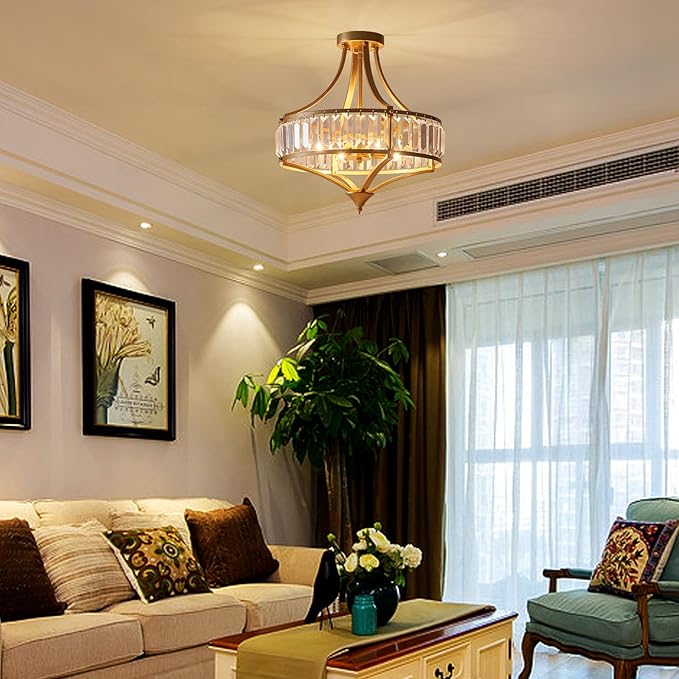 Modern Gold Crystal Chandelier 4 Lights Semi Flush Mount Ceiling Light Fixture E12 Base Farmhouse Mid Century Chandelier for Dining Room Bedroom Hallway Entryway Kitchen