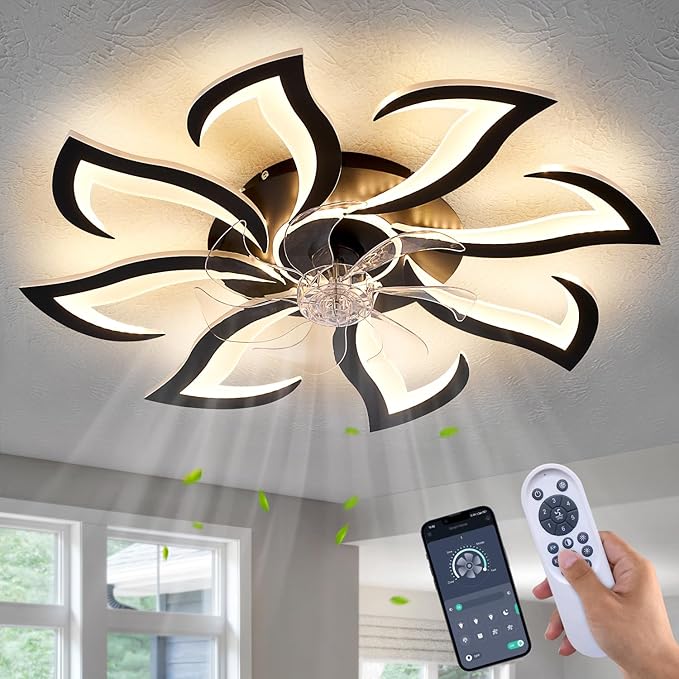32" Black 8-Head Geometric Ceiling Fan with Lights Remote Control, Low Profile Ceiling Fan with Light for Kitchen Bedroom Living Room