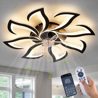 32" Black 8-Head Geometric Ceiling Fan with Lights Remote Control, Low Profile Ceiling Fan with Light for Kitchen Bedroom Living Room