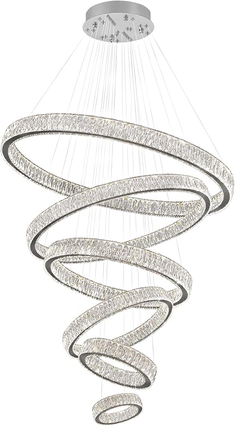Extra Large 6 Ring Crystal Chandelier Modern LED Long Crystal Chandelier for High Ceiling Height Adjustable D8+15.7"+23.6"+31.5"+39.4"+47.5" Dimmable 2700K-6000K